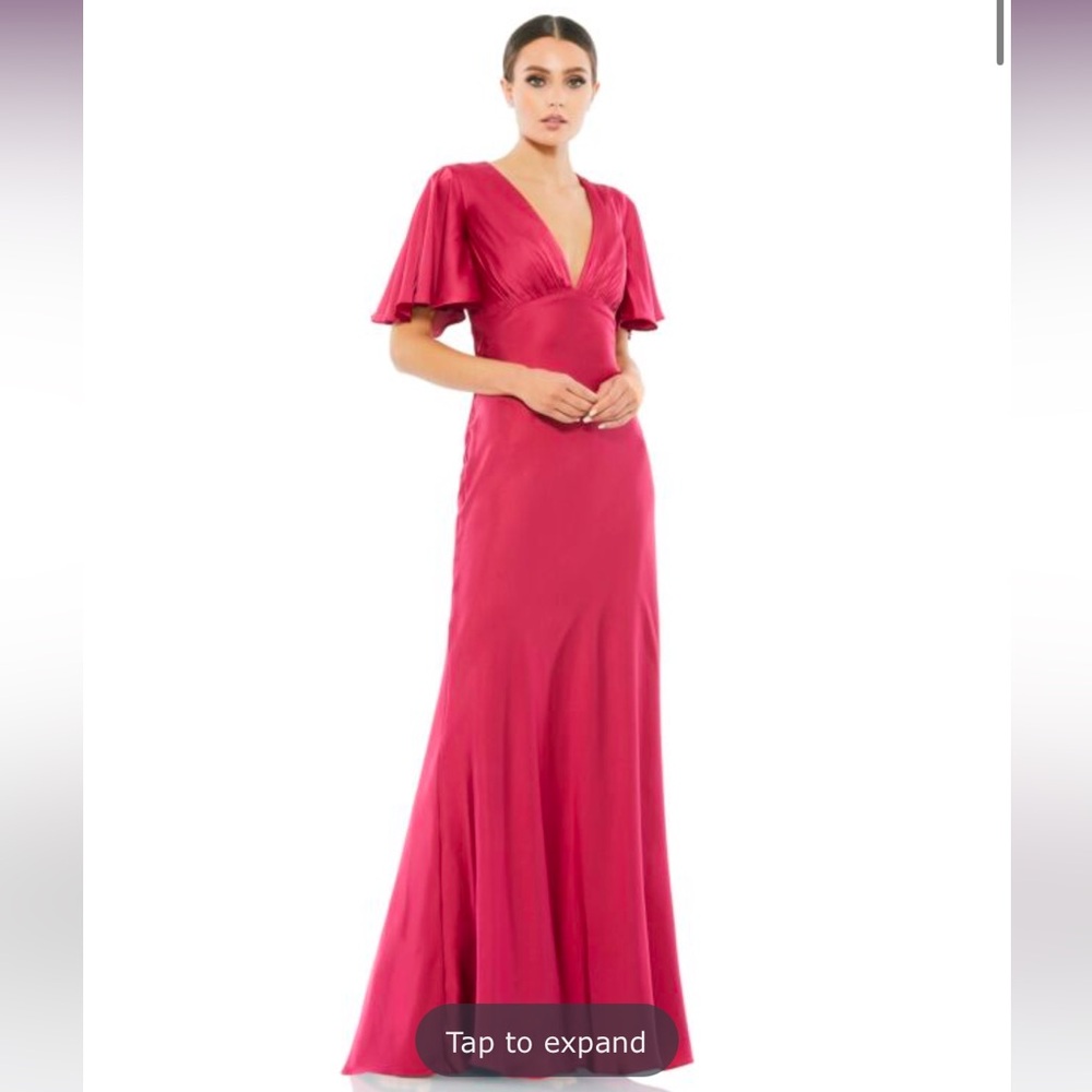 Mac Duggal Ieena Satin Plunging V-Neck Flutter Sleeve Gown Pink Size 6 NWT